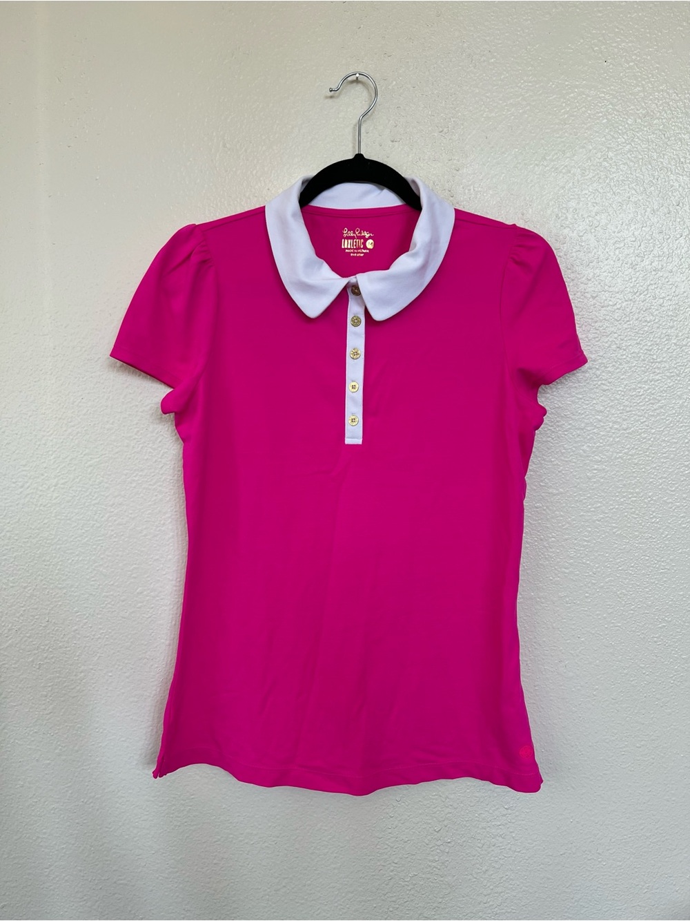 Lilly Pulitzer Luxletic Bright Pink Preppy Polo Button-Front Top size M
